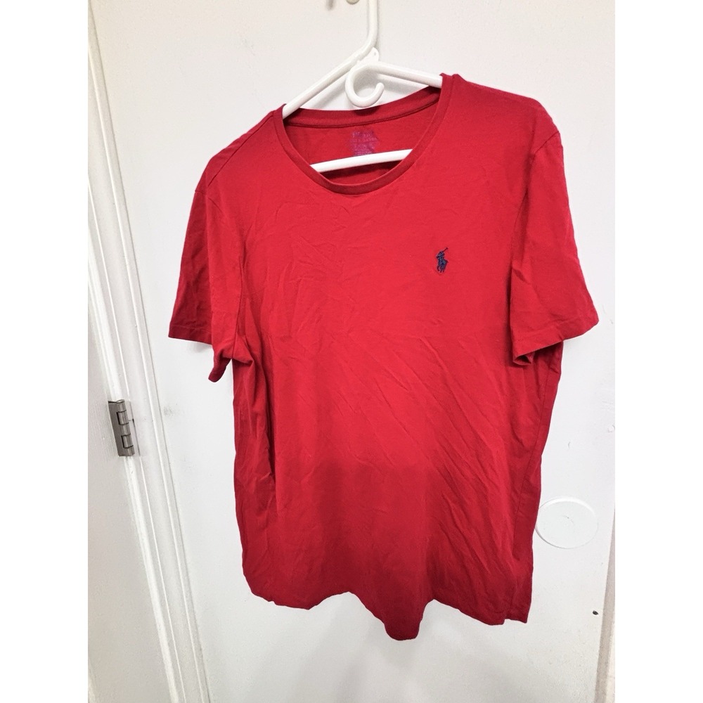 Polo Ralph Lauren Large Red Slim Fit Tee Blue Logo 46x28 Clean Short Sleeve